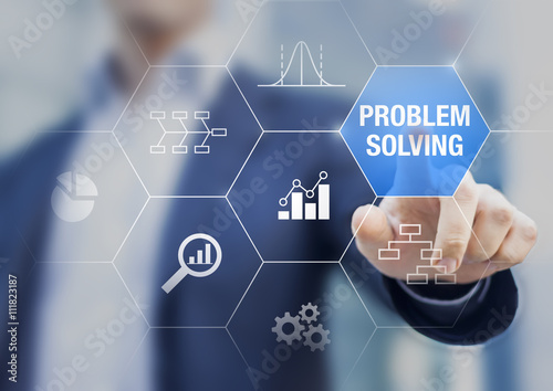 Fotografía Problem solving concept with diagrams, charts, and businessman in background