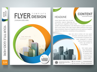 Brochure design template vector.Flyers annual report business magazine poster.Leaflet cover book technology presentation with abstract blue green circle background and flat city. Layout in A4 size.