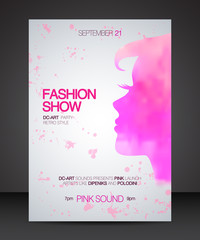 Vector stylish banner, poster and flyer for fashion show with pink silhouette of beautiful woman part of profile