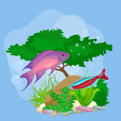 Wall Mural - Underwater vector world background with fish, seaweed and bubbles