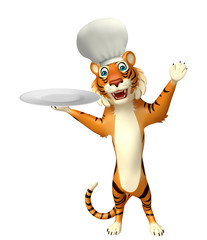 Poster - cuteTiger cartoon character with chef hat and dinner plate