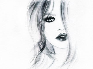 Wall Mural - Beautiful woman face. Abstract fashion watercolor illustration