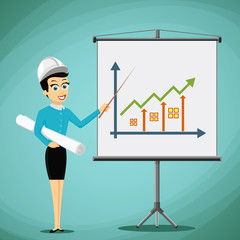 Wall Mural - Woman engineer showing on the board a graph of real estate growt