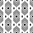 Black and white ethnic geometric lines and rhombuses seamless pattern. Monochrome abstract geometry continuous print.
