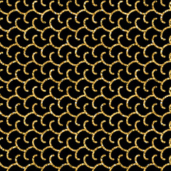 Wall Mural - cartoon waves geometric seamless pattern. gold glitter black template. abstract foil texture. golden