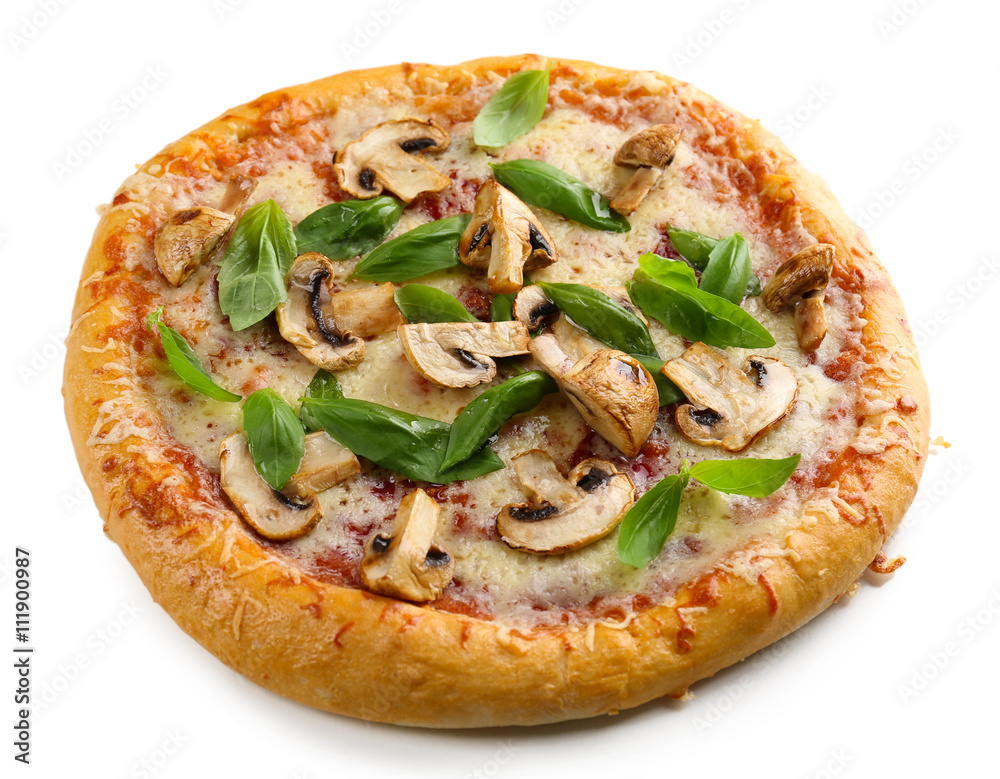 Delicious tasty pizza with vegetables, isolated on white