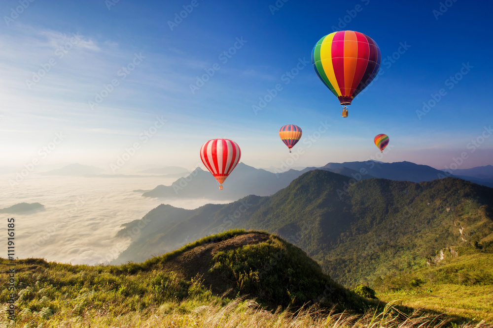 Colourful hot-air balloons flying over the mountain - obrazy, fototapety, plakaty 