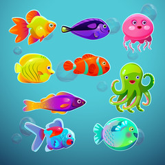 Poster - Funny cartoon colorful tropic fishes set