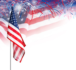 Wall Mural - USA flag with fireworks on white background