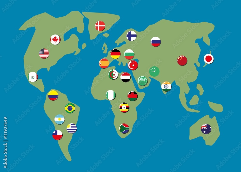 Map world with biggest country flag badges Stock Vector | Adobe Stock