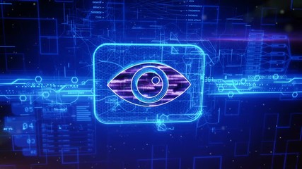 Abstract animation of eye icon in digital cyberspace