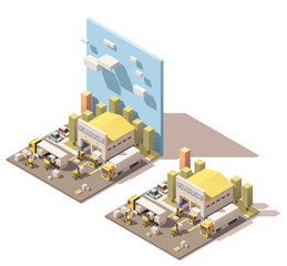 Wall Mural - Vector isometric warehouse building icon with trucks loaded by forklifts