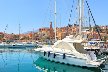 Wall Mural - Yachts on marina of Menton, France.