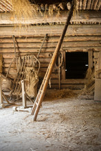 Wooden Ladder With Hay In Old Barn.