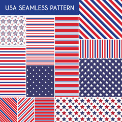 Patriotic red, white, blue geometric seamless patterns