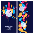 Set of bowling banner, poster, flyer or label design elements. Vertical seamless colorful black background. Abstract vector illustration of bowling game. Colorful bowling ball, bowling pins.