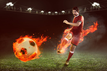 Poster - Asian football player kick fire ball