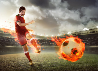 Poster - Asian football player kick fire ball