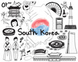 Travel to South Korea doodle drawing icon with culture, costume, landmark and cuisine tourism concept in isolated background, create by vector 