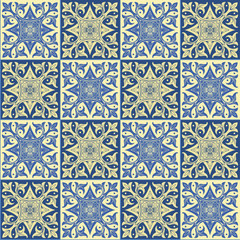  Hand drawing seamless pattern for tile in blue and yellow colors.