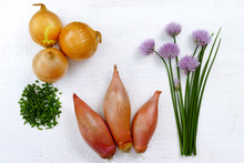 Fresh Green Blooming Chives, Shallots And Yellow Onion