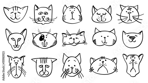 Cute Cat Heads In Hand Drawn Style Cat Animal Set And
