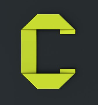 Origami paper font letter C. 3d rendering isolated on dark background