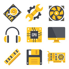 Wall Mural - Vector computer hardware icons set. Black and yellow colors. Computer parts, technology, computer hardware concepts. Flat design vector illustration