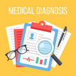 Medical diagnosis flat illustration. Diagnosis, clinical record, medical record concepts. Top view. Flat design vector illustration