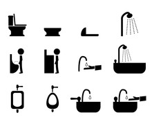 Set Of Toilet Icons In Silhouette Style, Vector