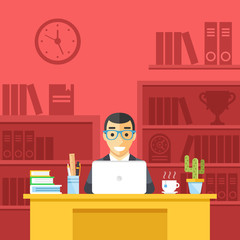 Poster - Happy man at work in office. Smiling man at desk, workspace, office room, place of work concepts. Front view. Modern flat design vector illustration