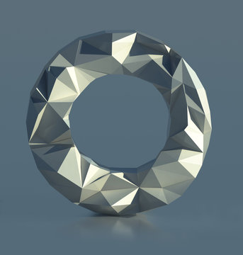 Rocky Font, Letter O, with cliff edges. Polygonal Alphabet. 3d illustration isolated