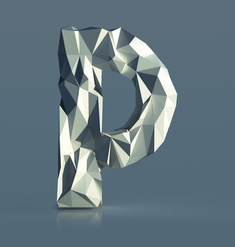 Rocky Font, Letter P, with cliff edges. Polygonal Alphabet. 3d illustration isolated