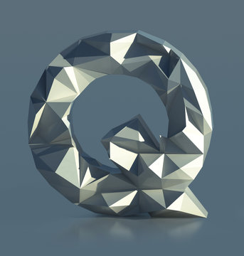 Rocky Font, Letter Q, with cliff edges. Polygonal Alphabet. 3d illustration isolated