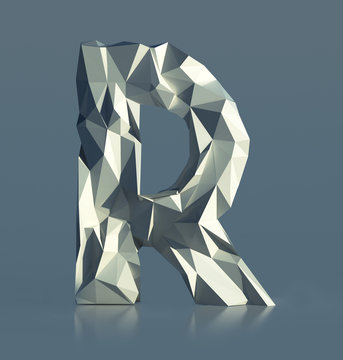 Rocky Font, Letter R, with cliff edges. Polygonal Alphabet. 3d illustration isolated