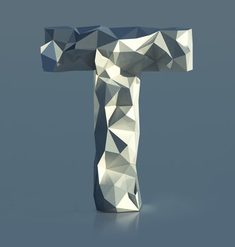 Rocky Font, Letter T, with cliff edges. Polygonal Alphabet. 3d illustration isolated