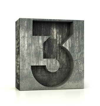 Concrete Number 3, Three. 3d rendering isolated on white.