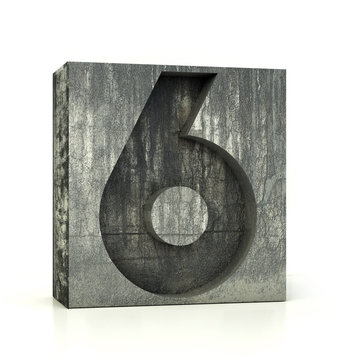 Concrete Number 6, Six. 3d rendering isolated on white.