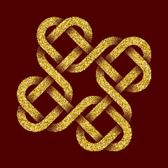 Golden glittering logo template in Celtic knots style on dark red background. Tribal symbol in cruciform with hearts maze form. Gold ornament for jewelry design.