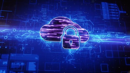Abstract animation of locked cloud server icon in digital cyberspace