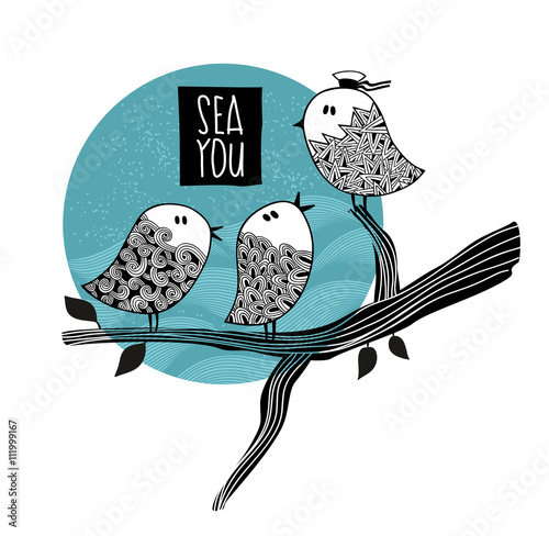 Fotografie, Obraz Cute birds on the tree speaking about the sea trip.