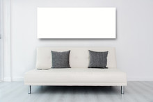 Mock Up Display White Frame AndTablet On White Sofa Bed In White