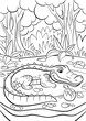 Coloring pages. Animals. Mother alligator looks at her little cute baby alligator in the egg.