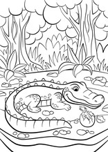 Coloring Pages. Animals. Mother Alligator Looks At Her Little Cute Baby Alligator In The Egg.