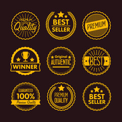 Wall Mural - Collection of Premium Quality, Guarantee Labels, Best Seller and Winner icon with retro vintage styled design. Outline symbol collection. Stroke vector logo concept for web graphics. 