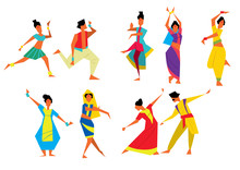 Indian Dancers Vector Illustration. Cartoon Style. Traditional Indian Dances. Asian Culture. Different Poses. National Indian Costume.