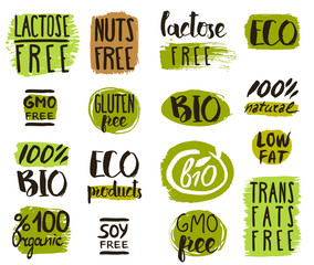 Canvas Print - Healthy food icons, labels. Organic tags. Natural product elements. Logo for vegetarian restaurant menu. Vector illustration. Lactose free sign. Low fat stamp. Soy free. Eco product.