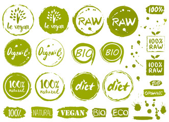 Canvas Print - Healthy food icons, labels. Organic tags. Natural product elements. Logo for vegetarian restaurant menu. Vector illustration. Lactose free sign. Low fat stamp. Soy free. Eco product.