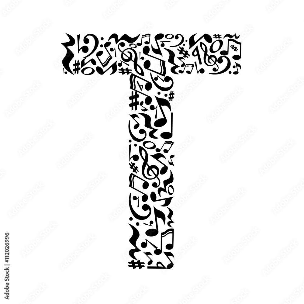 T letter made of musical notes on white background. Alphabet for