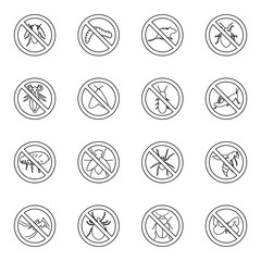 Sticker - No insect sign icons set, thin line style